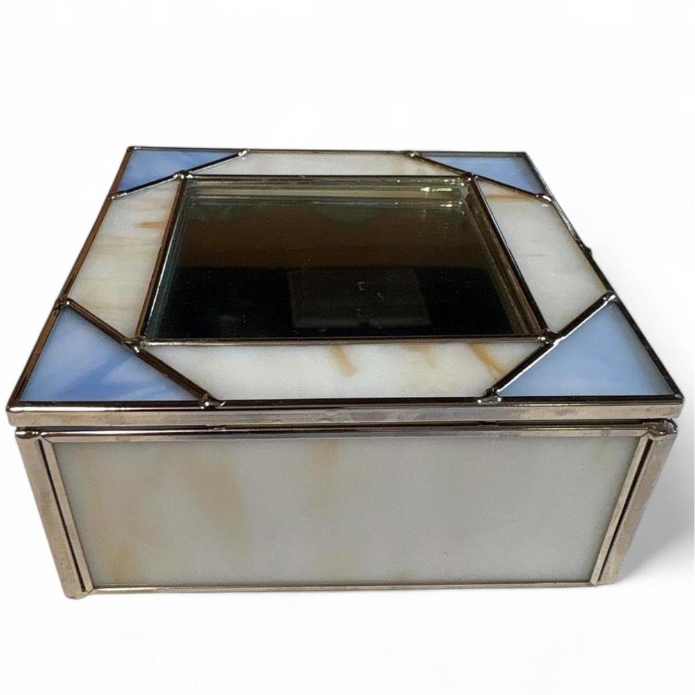 Stained light blue slag glass jewelry or trinket box w mirror & picture frame